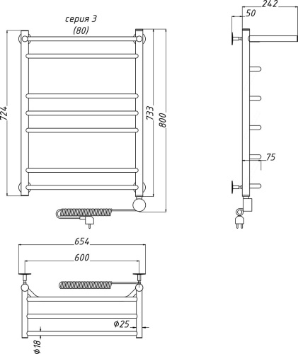 Полотенцесушитель электрический Тругор Браво эл ТЭН 3 П 80x60 фото 3