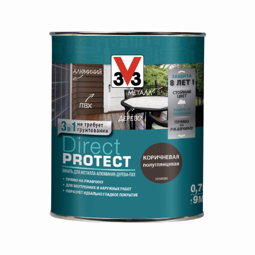 Эмаль V33 Direct protect 3 в 1 Алкидная, цвет коричневый полуглянцевый
